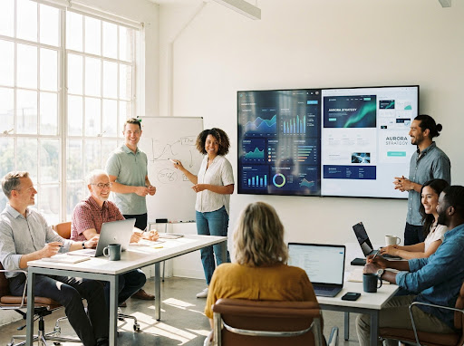 GrowYourBusiness team collaborating in a modern studio