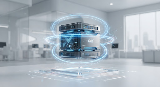 A 3D rendering of a high-speed data server node surrounded by glowing blue security rings, representing high-end WordPress infrastructure.